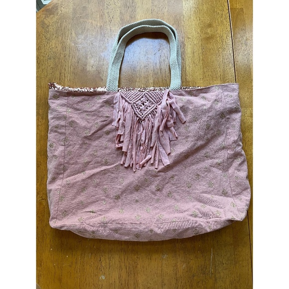 Louise Misha Pink Sequin Tote Bag Fringe Boho Chic Cotton Canvas Medium Pocket - Picture 1 of 10